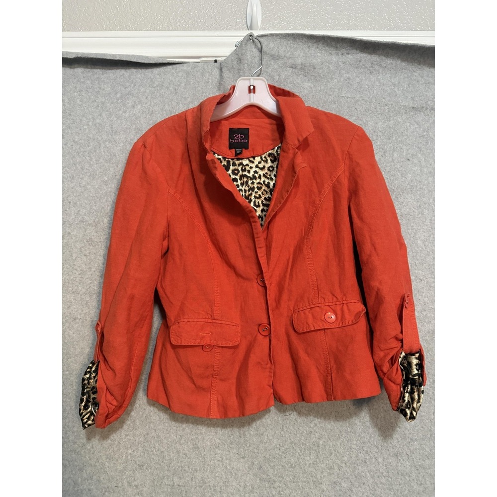 2b Bebe Blazer Jacket Womens Small Orange Ramie Leopard Lined Button Pockets